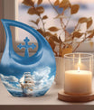 10-inch Ship-themed Marble Urn with Cross