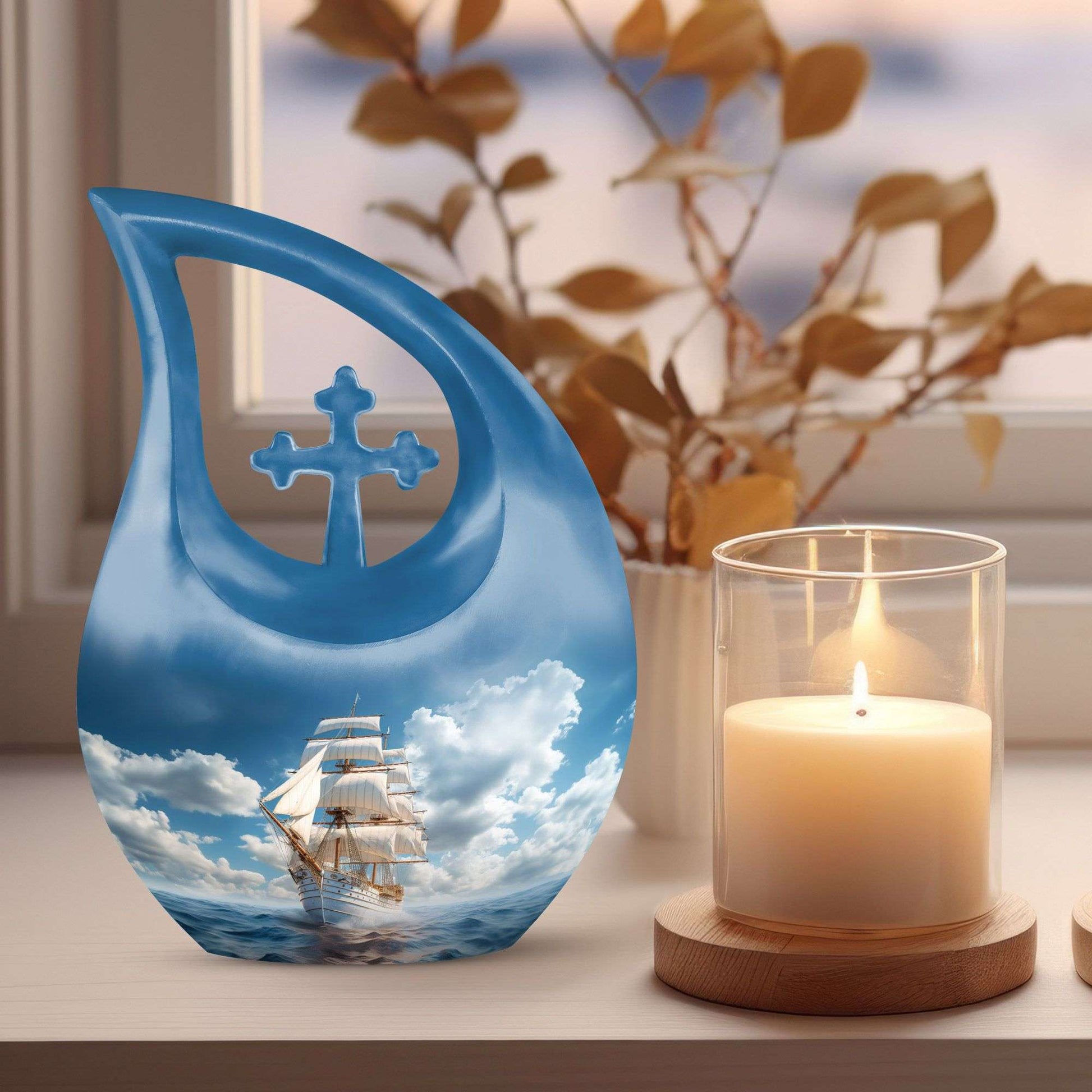 10-inch Ship-themed Marble Urn with Cross