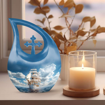 10-inch Ship-themed Marble Urn with Cross