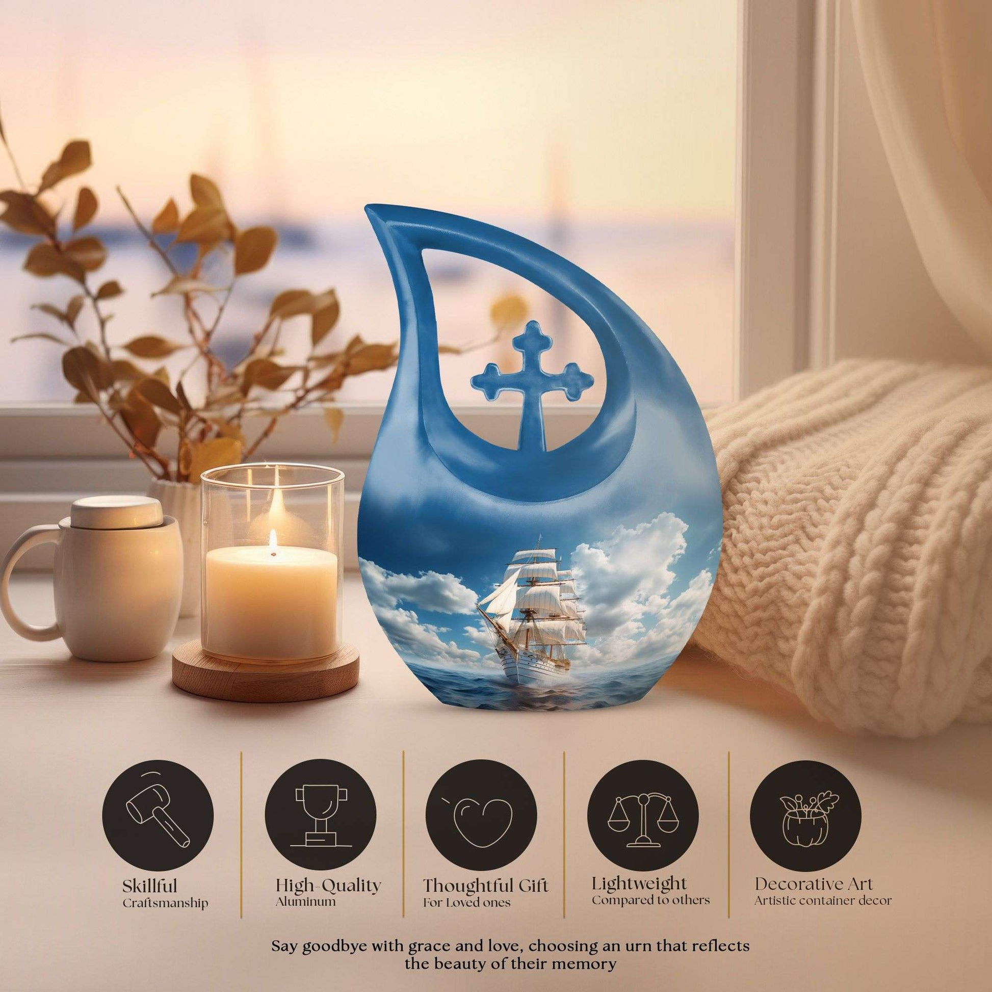 10-inch Ship-themed Marble Urn with Cross