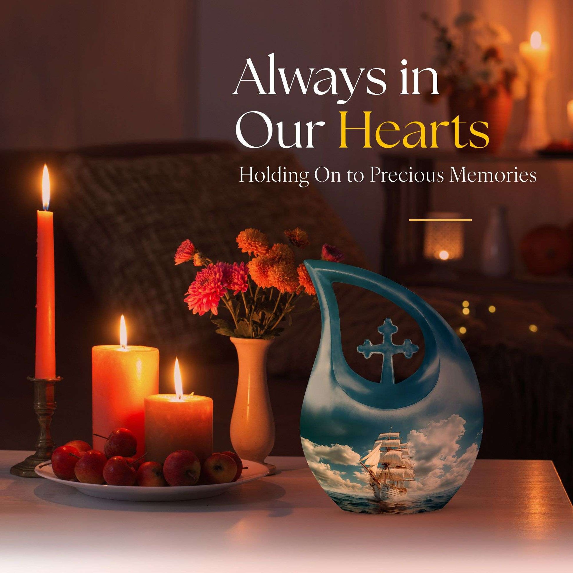 10-inch Ship-themed Marble Urn with Cross