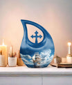10-inch Ship-themed Marble Urn with Cross