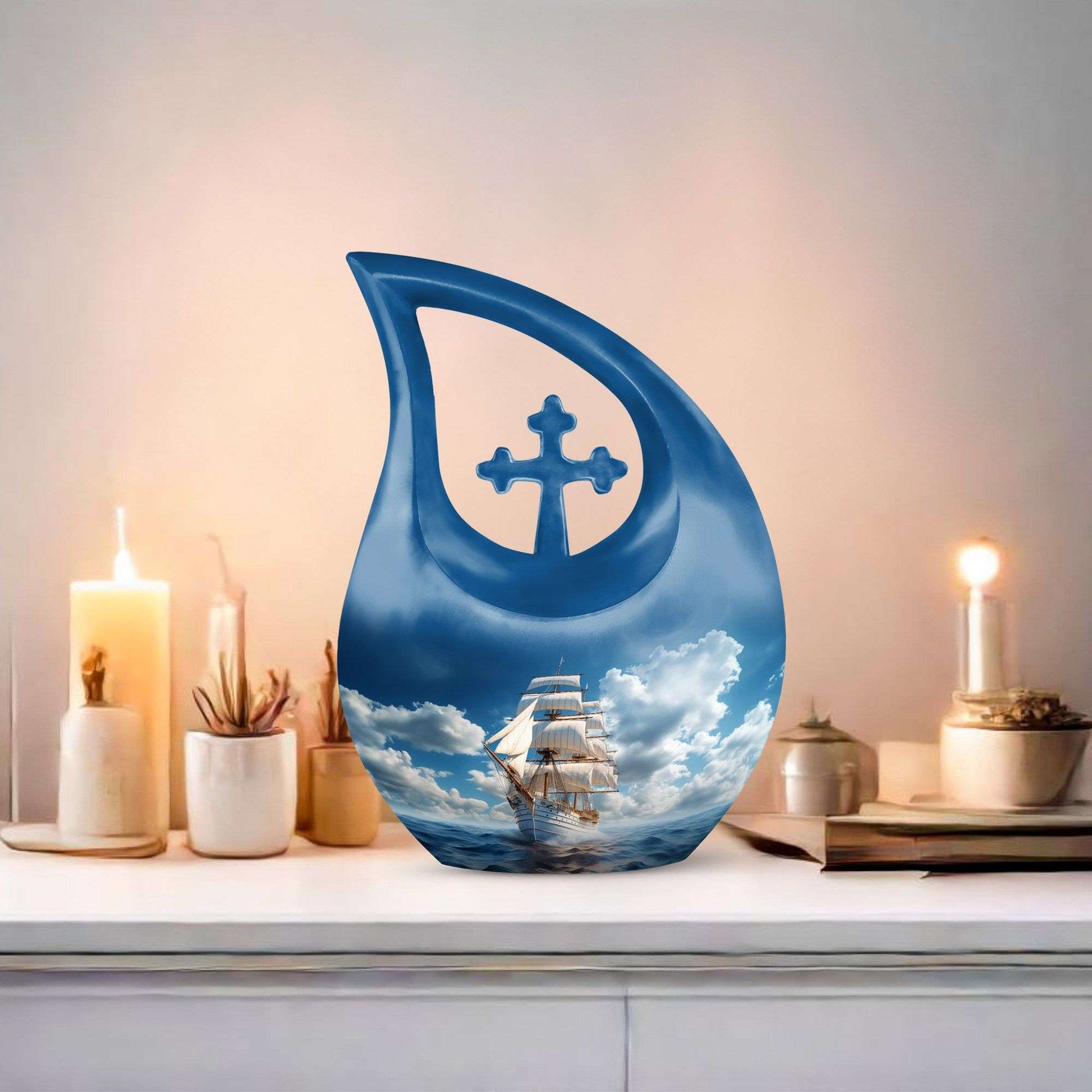 10-inch Ship-themed Marble Urn with Cross