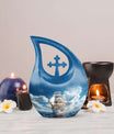 10-inch Ship-themed Marble Urn with Cross