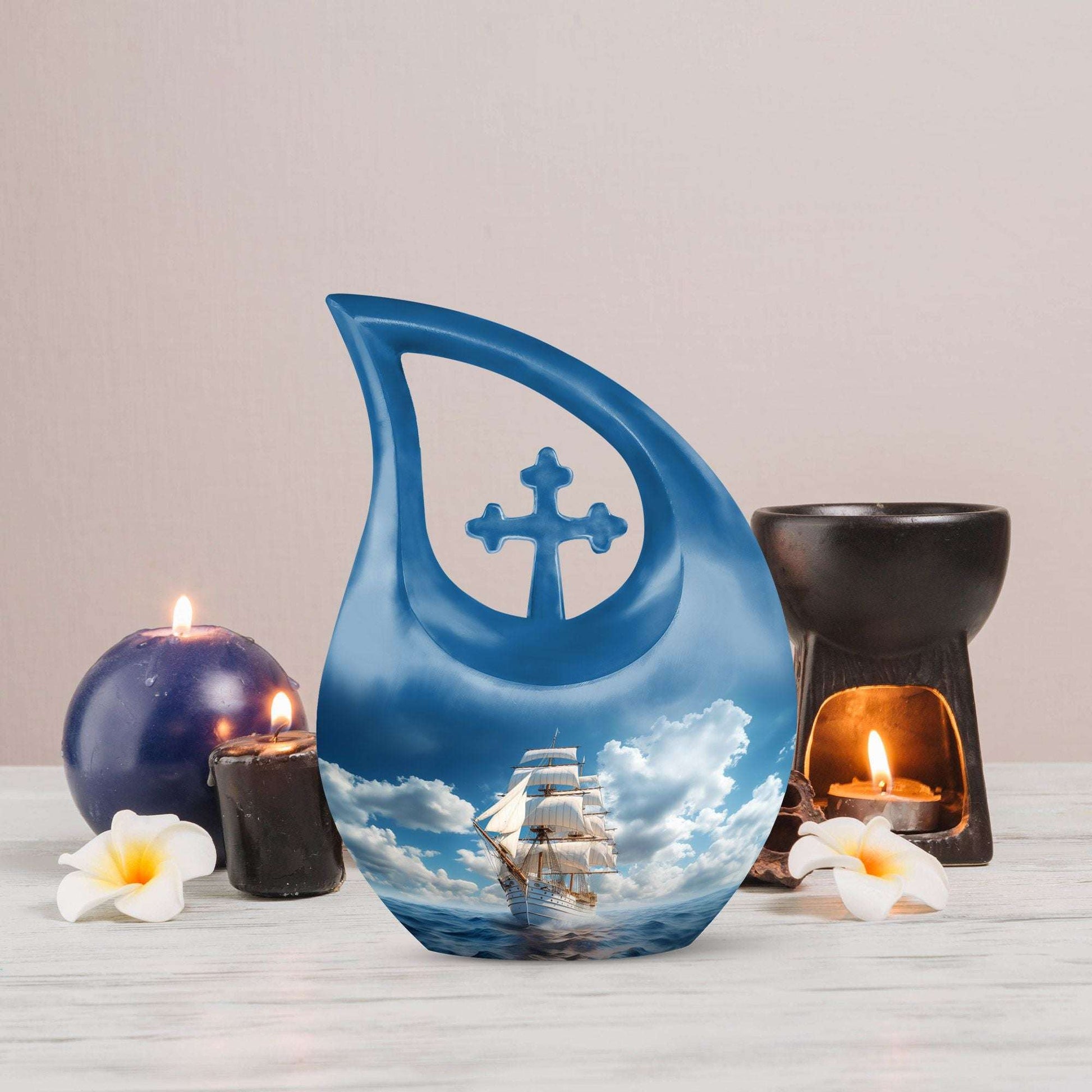 10-inch Ship-themed Marble Urn with Cross