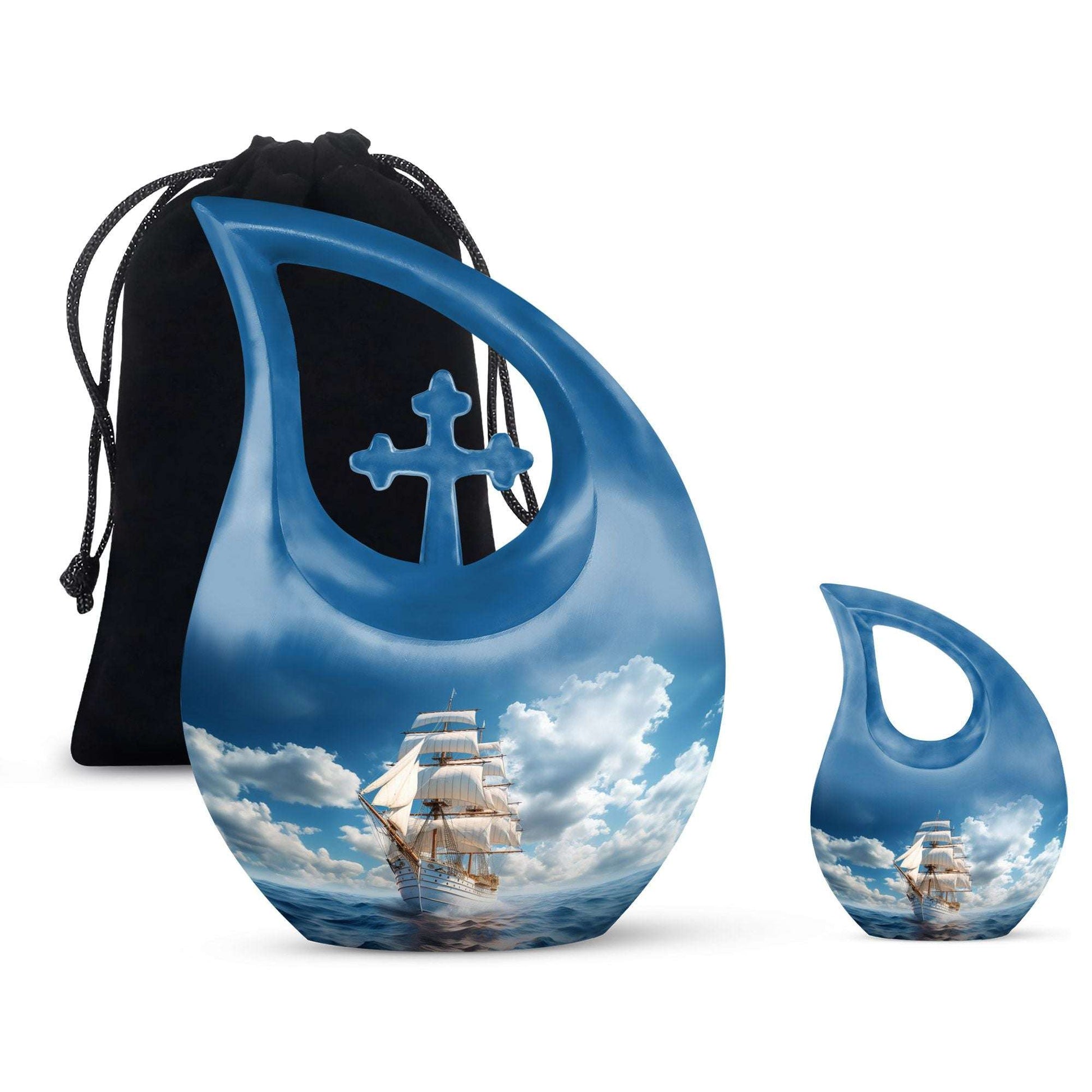 10-inch Ship-themed Marble Urn with Cross