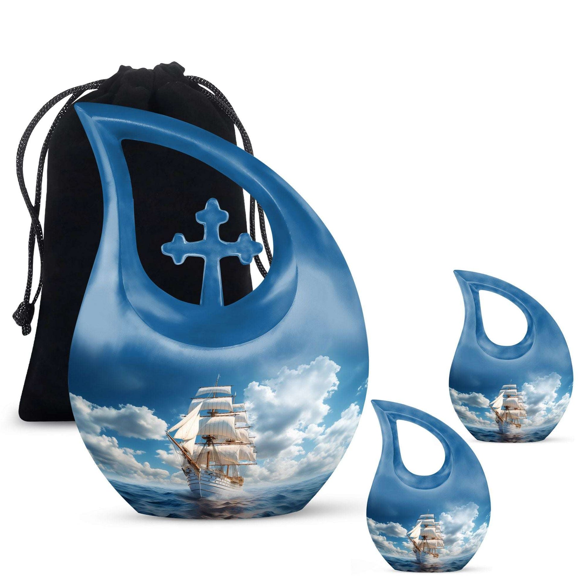 10-inch Ship-themed Marble Urn with Cross
