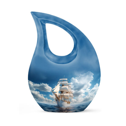 10-inch Ship-themed Marble Urn with Cross