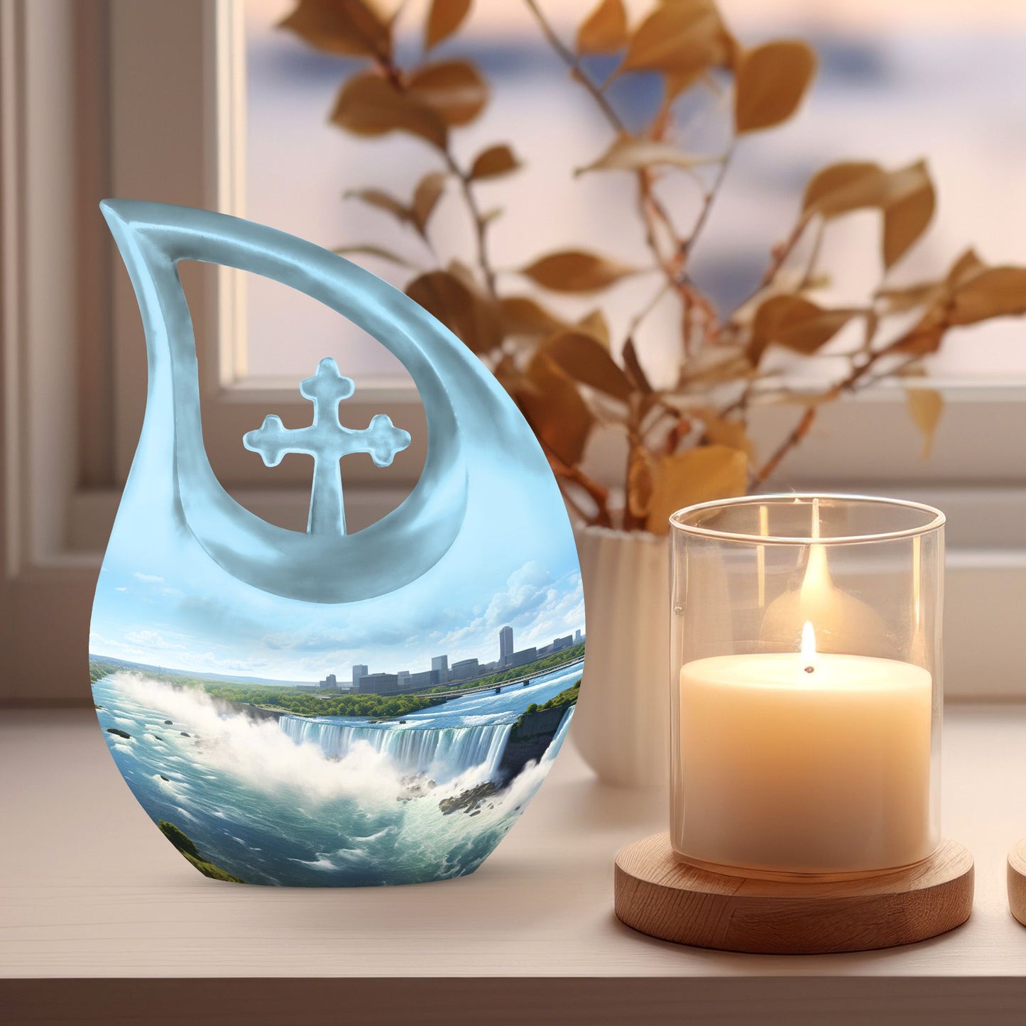 10-inch River themed Cross Drop aluminium urn
