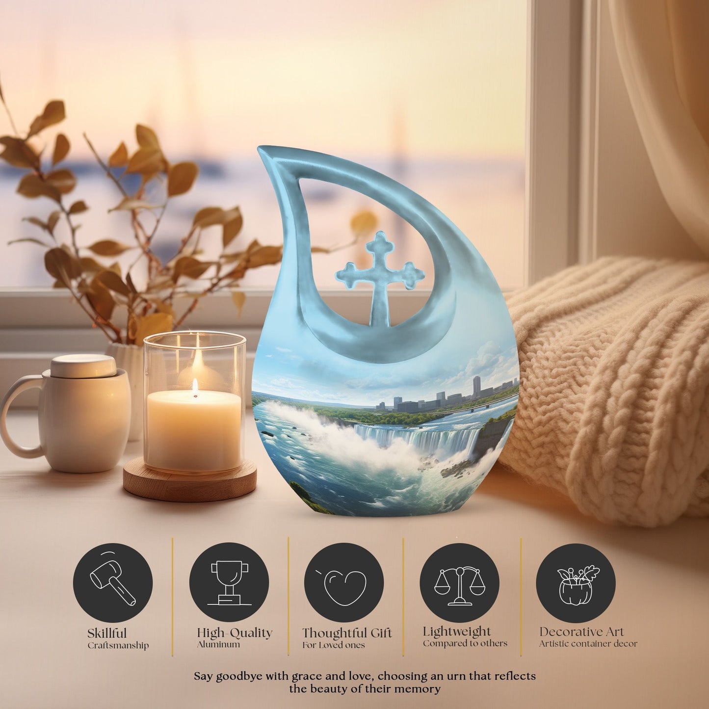 10-inch River themed Cross Drop aluminium urn