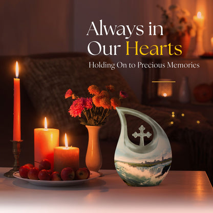 10-inch River themed Cross Drop aluminium urn