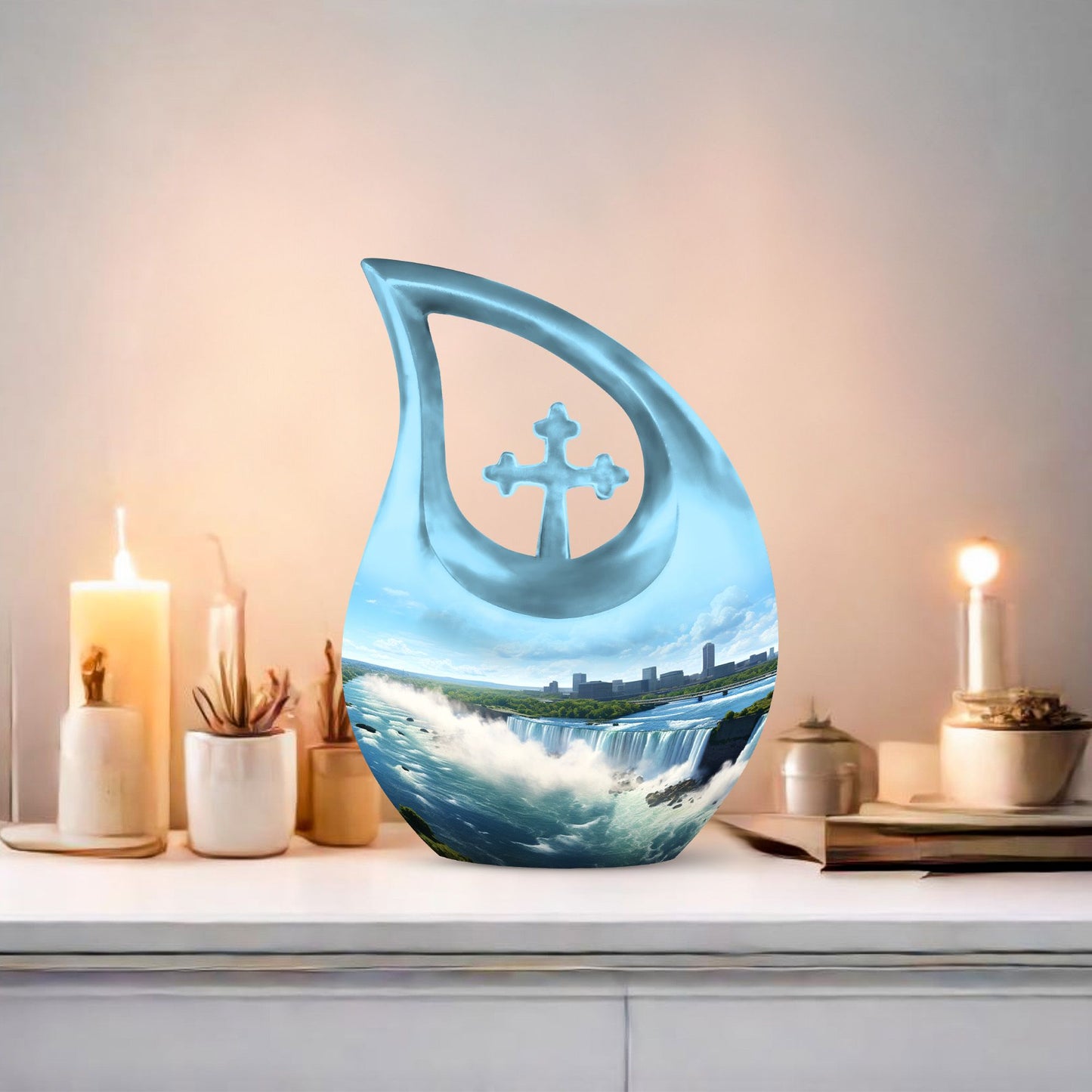 10-inch River themed Cross Drop aluminium urn