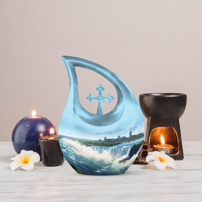10-inch River themed Cross Drop aluminium urn