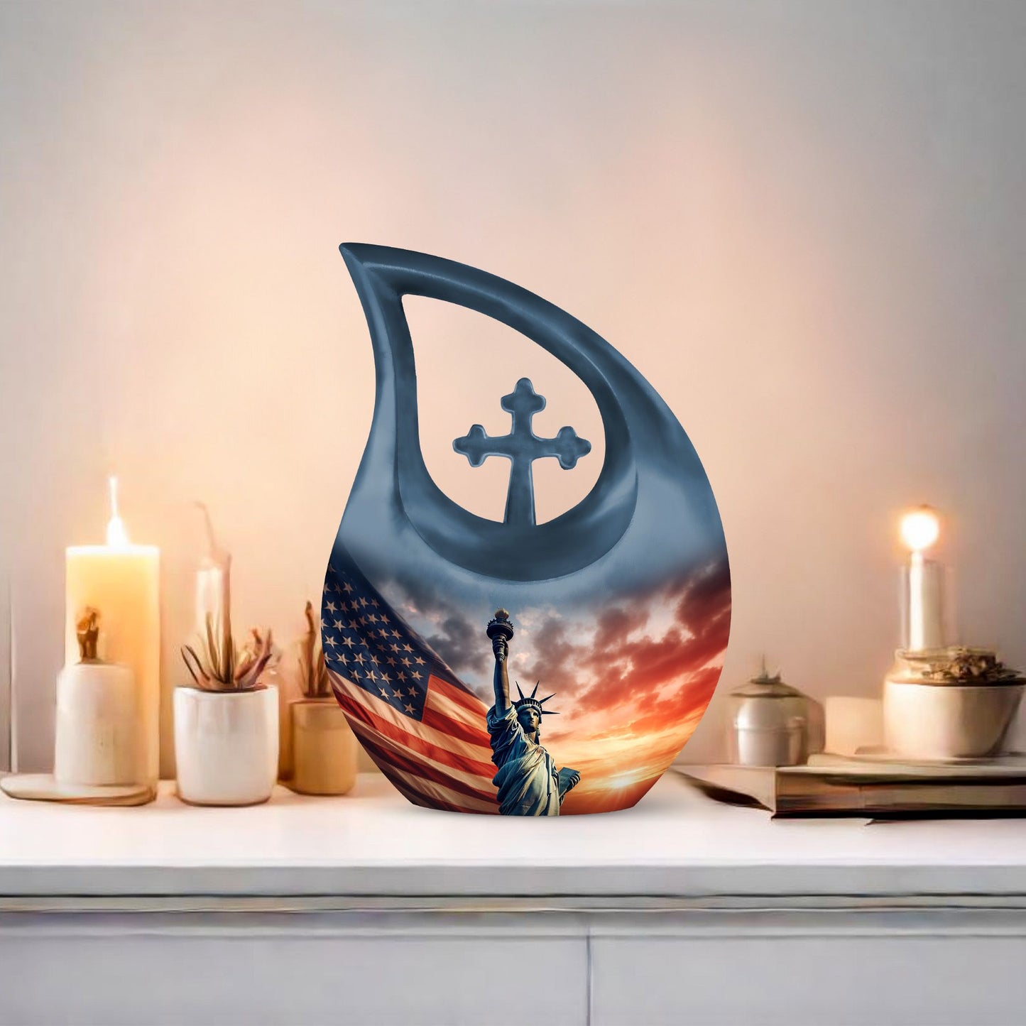 10 Inch Statue Of Liberty Cross Drop Aluminium Urn 