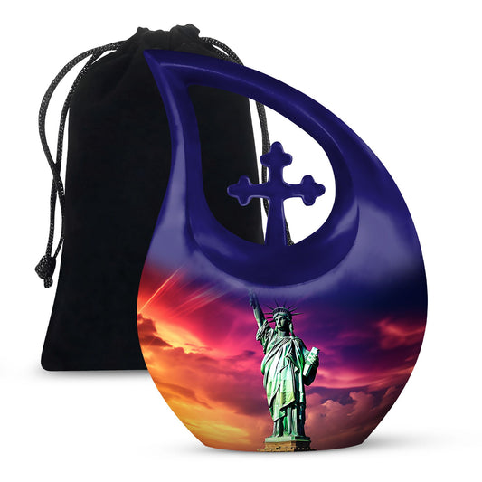 Cross Drop design, 10-inch Statue of Liberty and urns
