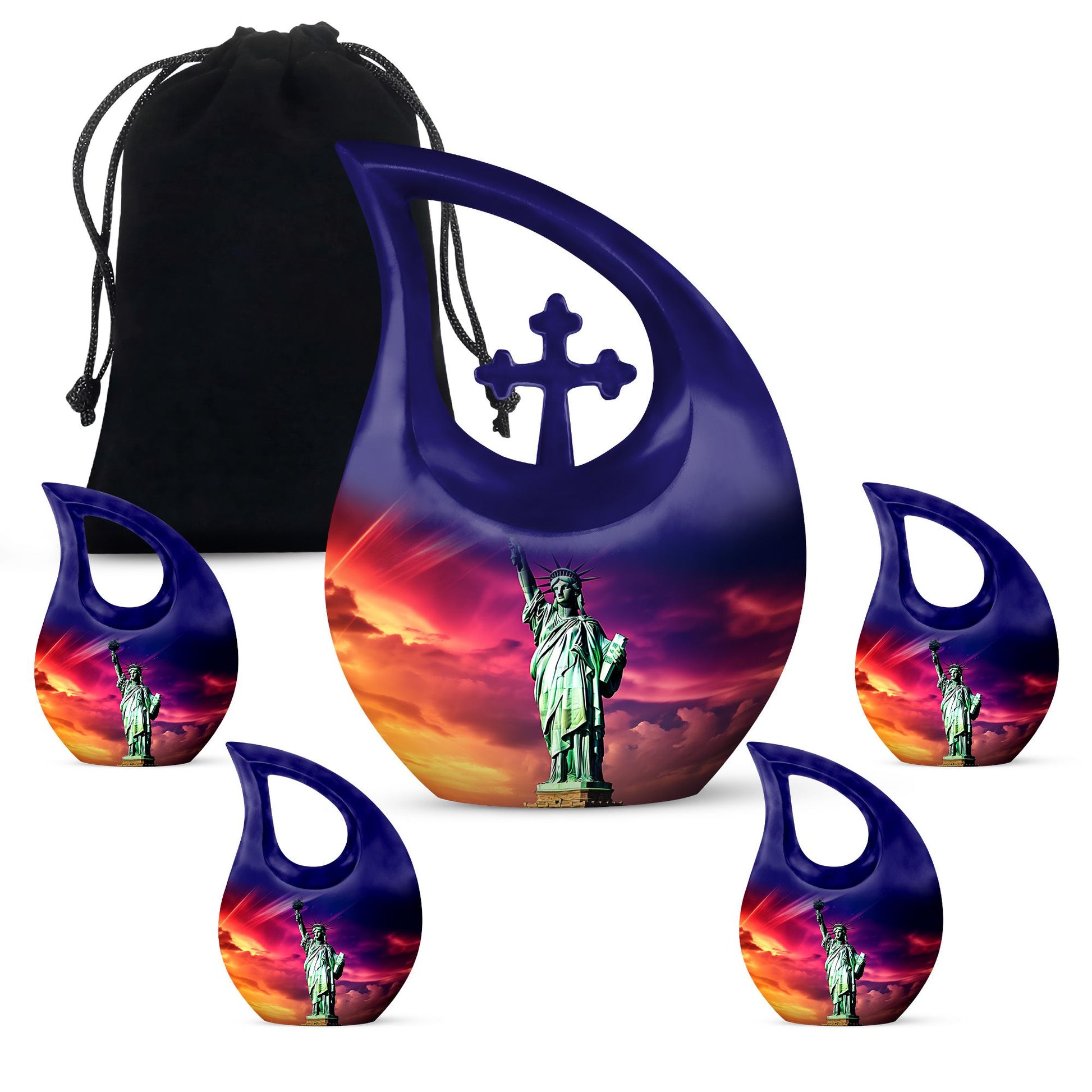 Cross Drop design, 10-inch Statue of Liberty and urns