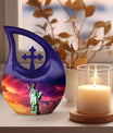 Cross Drop design, 10-inch Statue of Liberty and urns