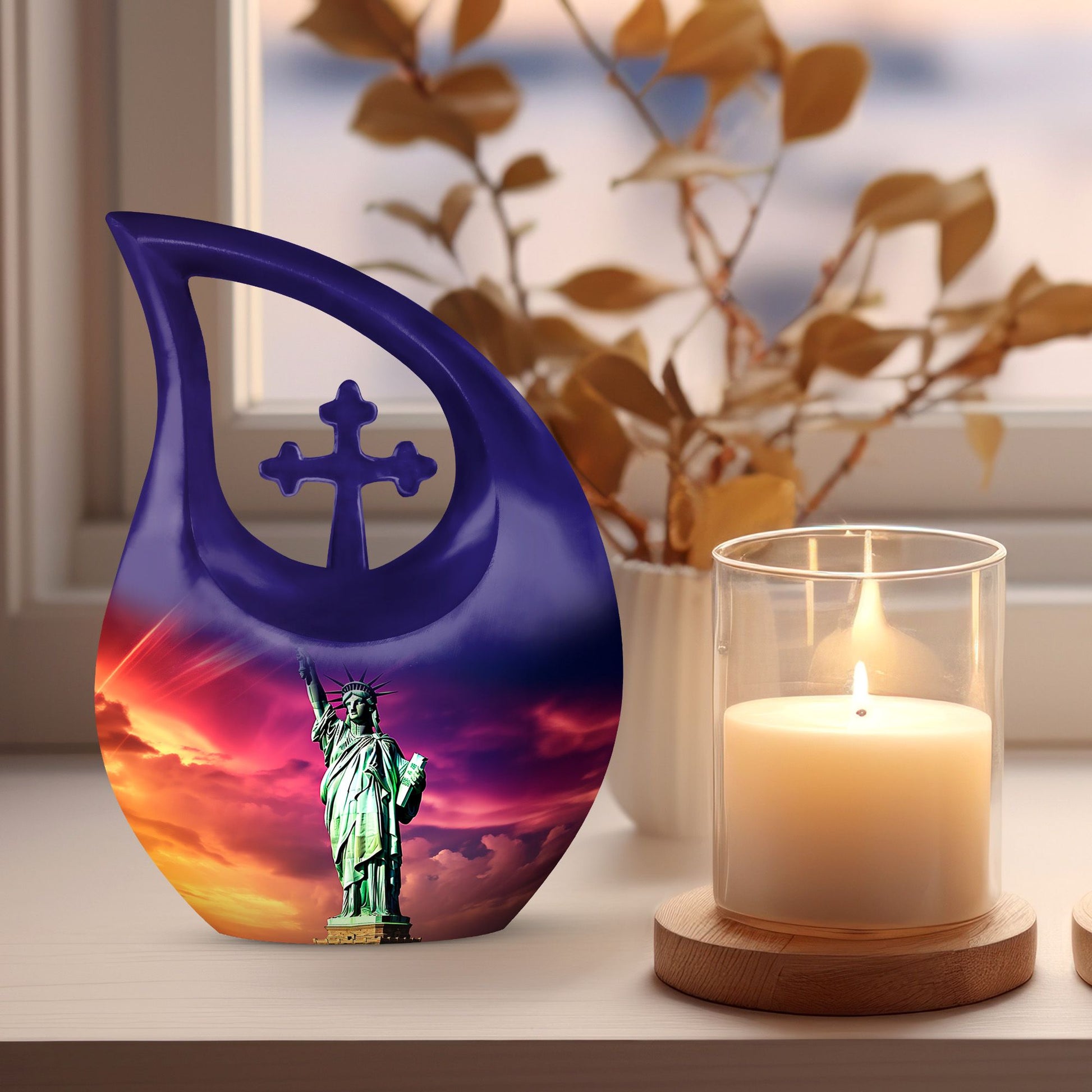 Cross Drop design, 10-inch Statue of Liberty and urns