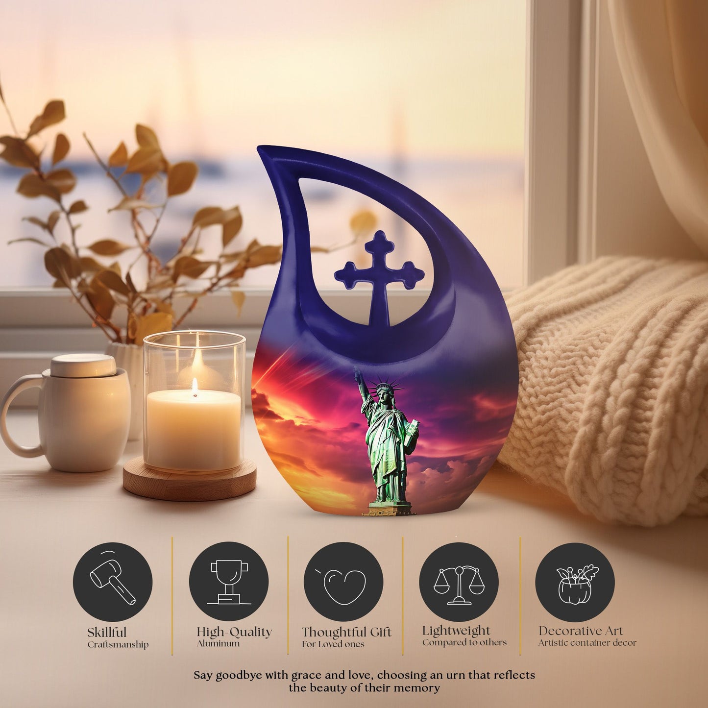 Cross Drop design, 10-inch Statue of Liberty and urns