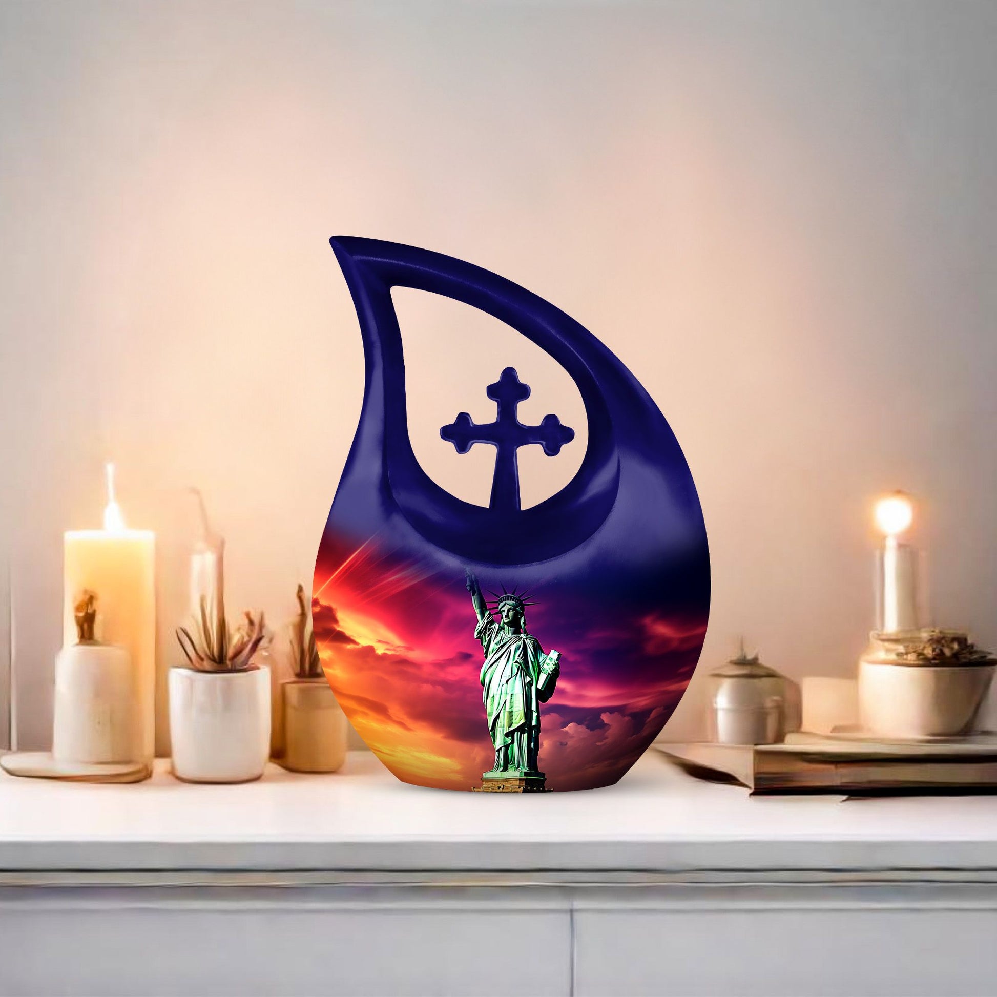 Cross Drop design, 10-inch Statue of Liberty and urns