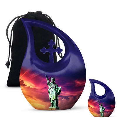 Cross Drop design, 10-inch Statue of Liberty and urns