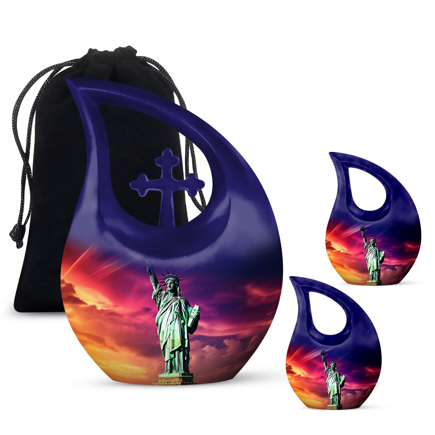 Cross Drop design, 10-inch Statue of Liberty and urns