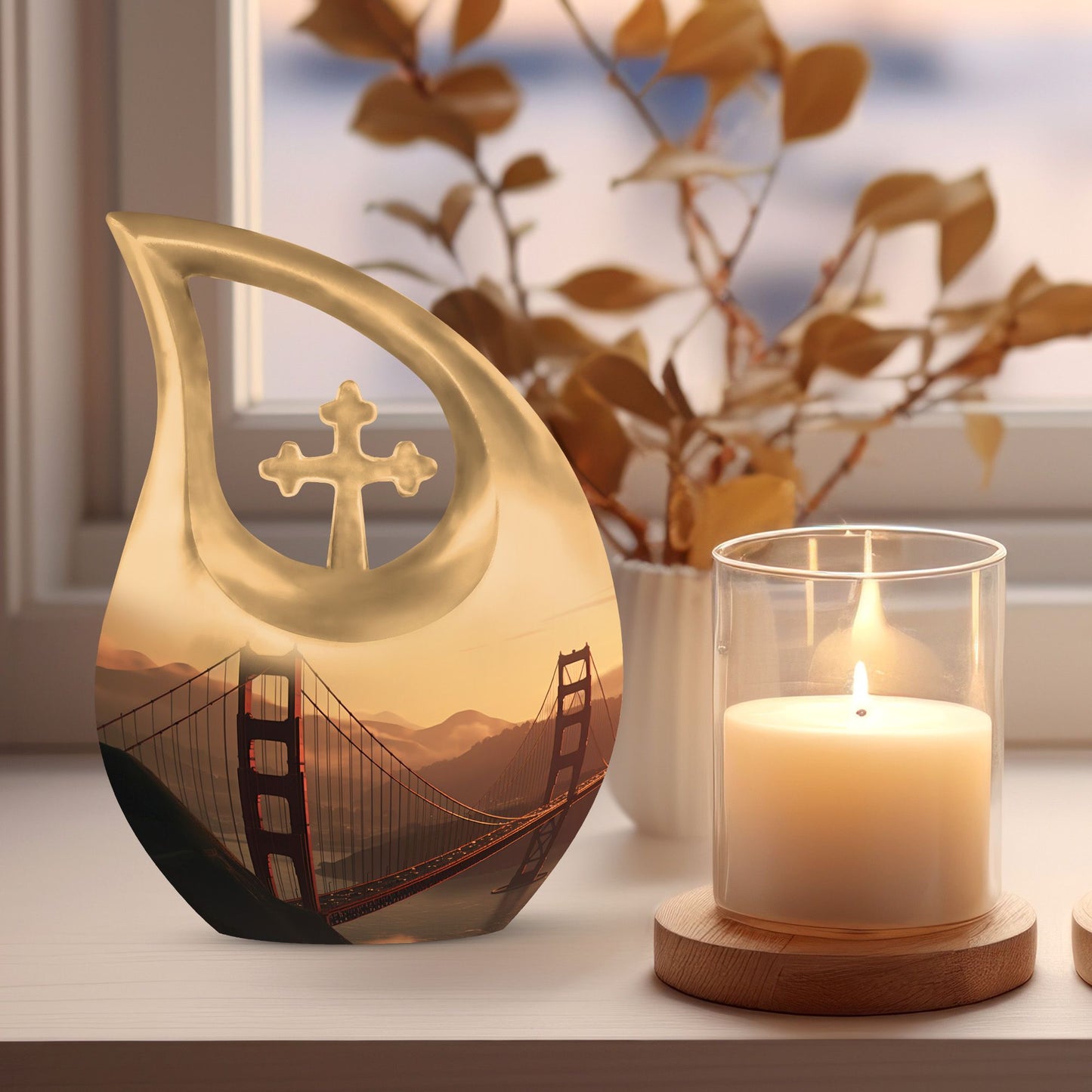 Golden Gate Bridge themed memorial urn