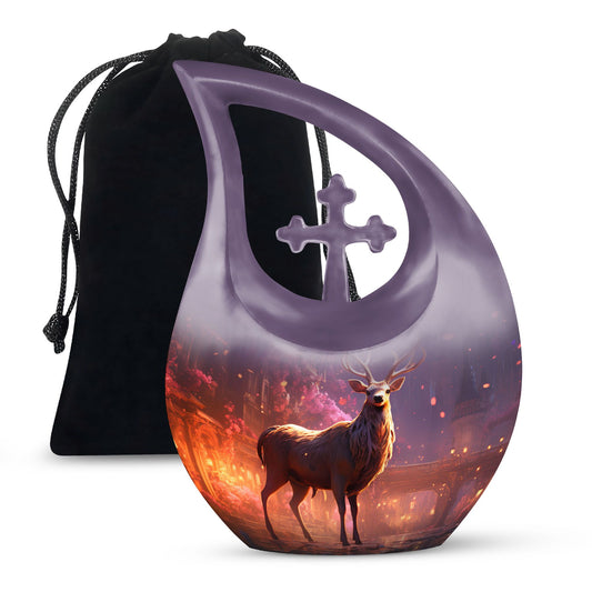 10-inch Deer themed large Aluminium urn with Cross Drop