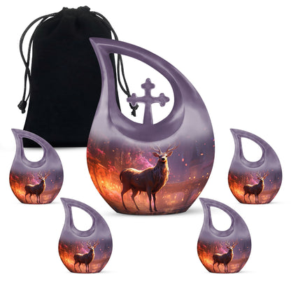 10-inch Deer themed large Aluminium urn with Cross Drop
