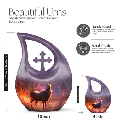 10-inch Deer themed large Aluminium urn with Cross Drop