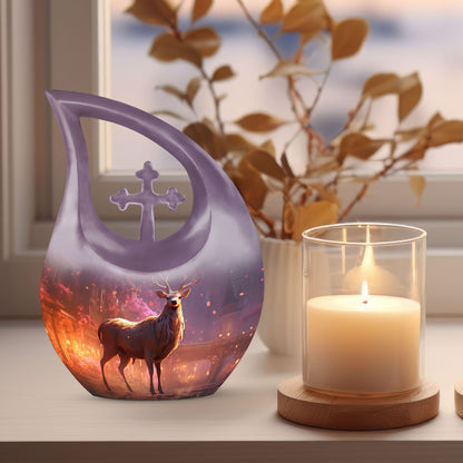 10-inch Deer themed large Aluminium urn with Cross Drop
