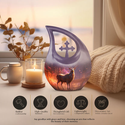 10-inch Deer themed large Aluminium urn with Cross Drop