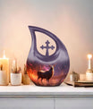 10-inch Deer themed large Aluminium urn with Cross Drop