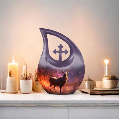 10-inch Deer themed large Aluminium urn with Cross Drop