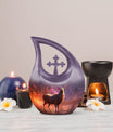 10-inch Deer themed large Aluminium urn with Cross Drop
