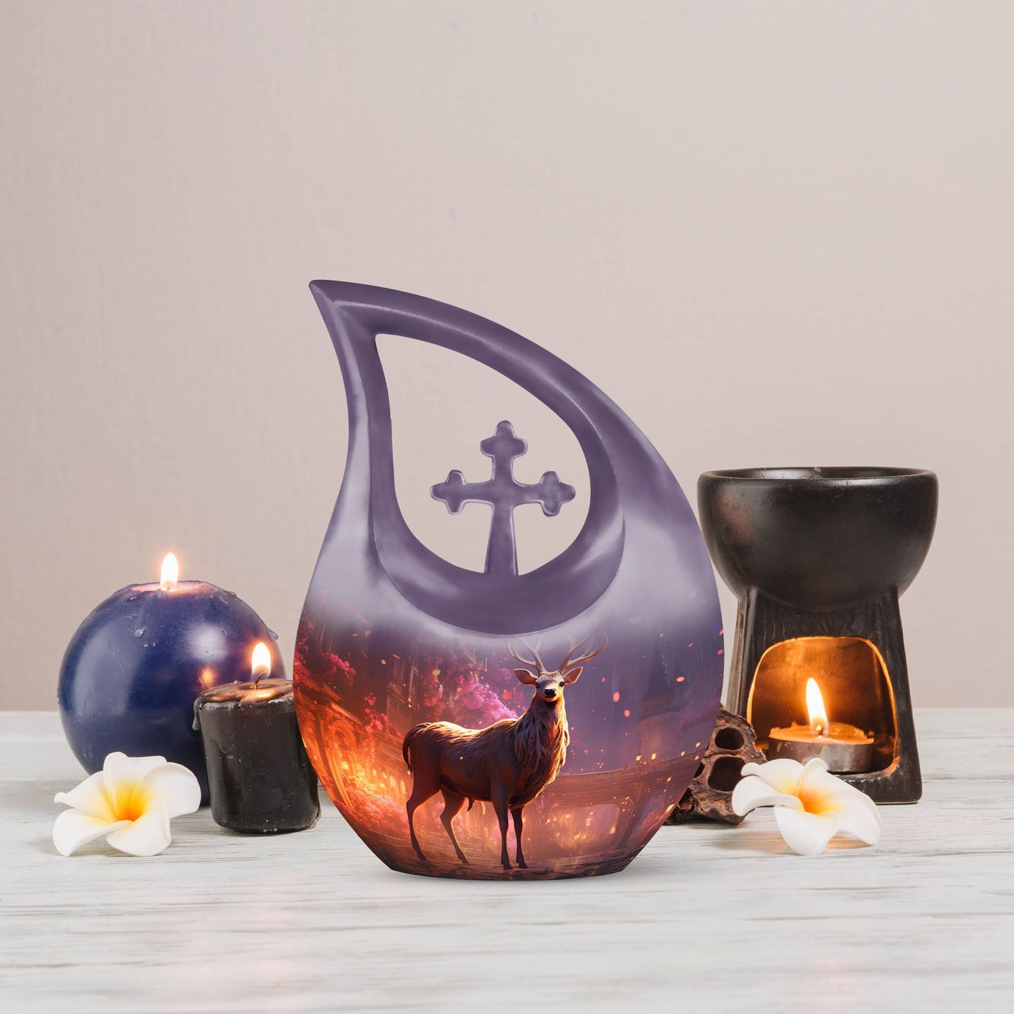 10-inch Deer themed large Aluminium urn with Cross Drop