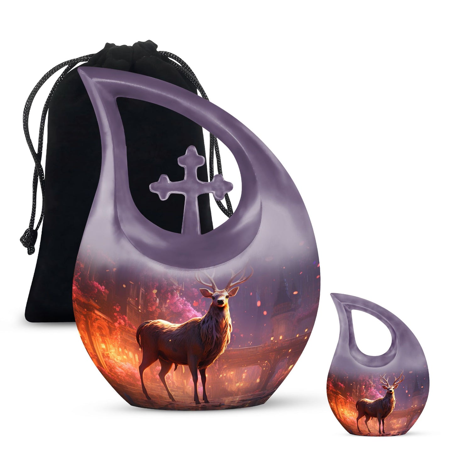 10-inch Deer themed large Aluminium urn with Cross Drop