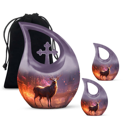 10-inch Deer themed large Aluminium urn with Cross Drop