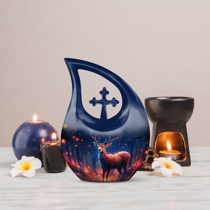 10-inch Deer Cremation Urn with Cross Drop Design,