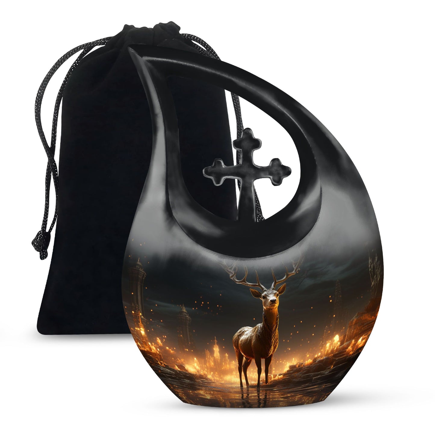 10-inch Deer Urn with Cross Drop design,