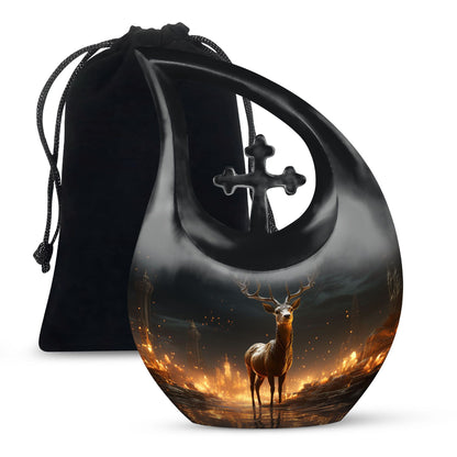 10-inch Deer Urn with Cross Drop design,