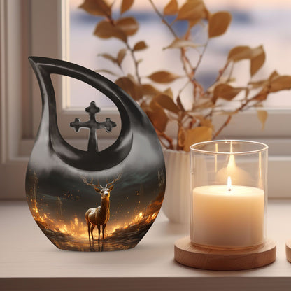 10-inch Deer Urn with Cross Drop design,