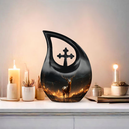 10-inch Deer Urn with Cross Drop design,