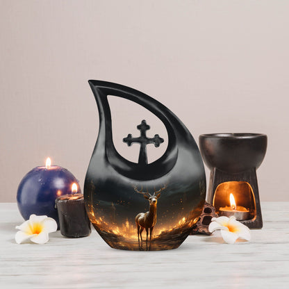 10-inch Deer Urn with Cross Drop design,
