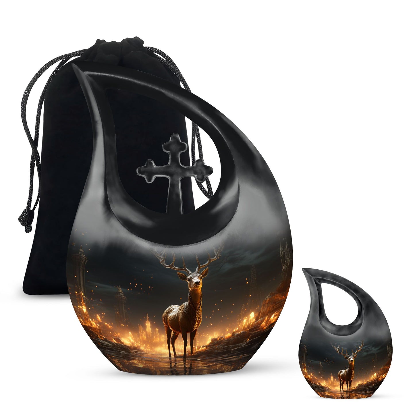 10-inch Deer Urn with Cross Drop design,
