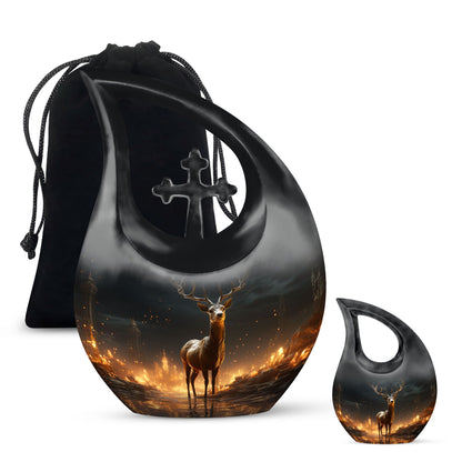 10-inch Deer Urn with Cross Drop design,