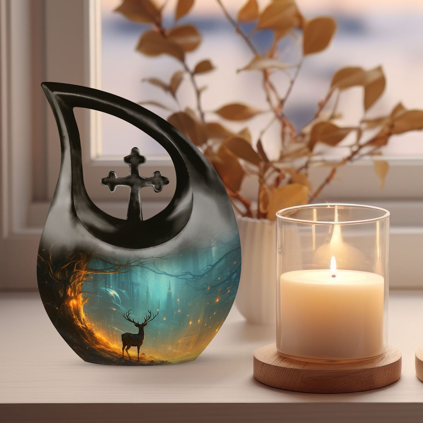 10-inch Deer-themed Cross Drop design Remembrance Urn 