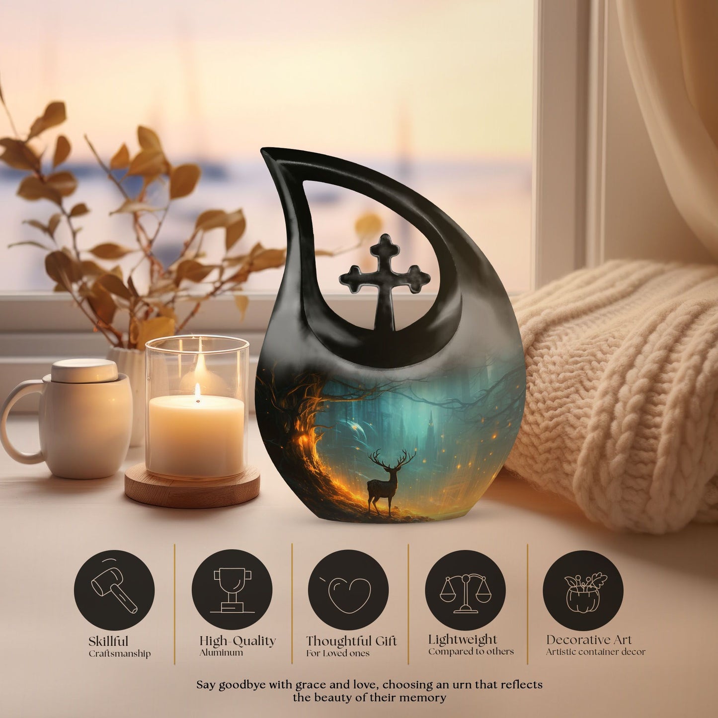 10-inch Deer-themed Cross Drop design Remembrance Urn 