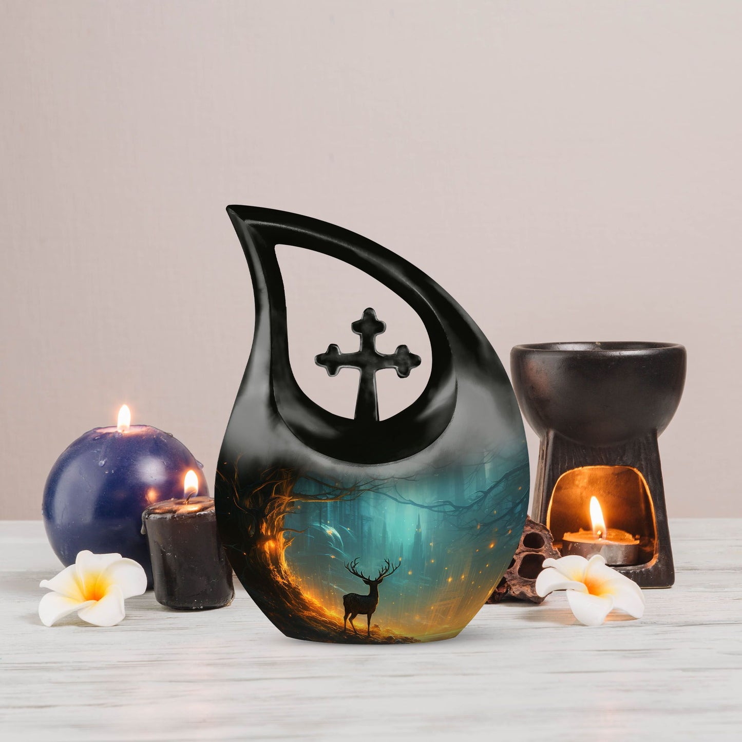 10-inch Deer-themed Cross Drop design Remembrance Urn 