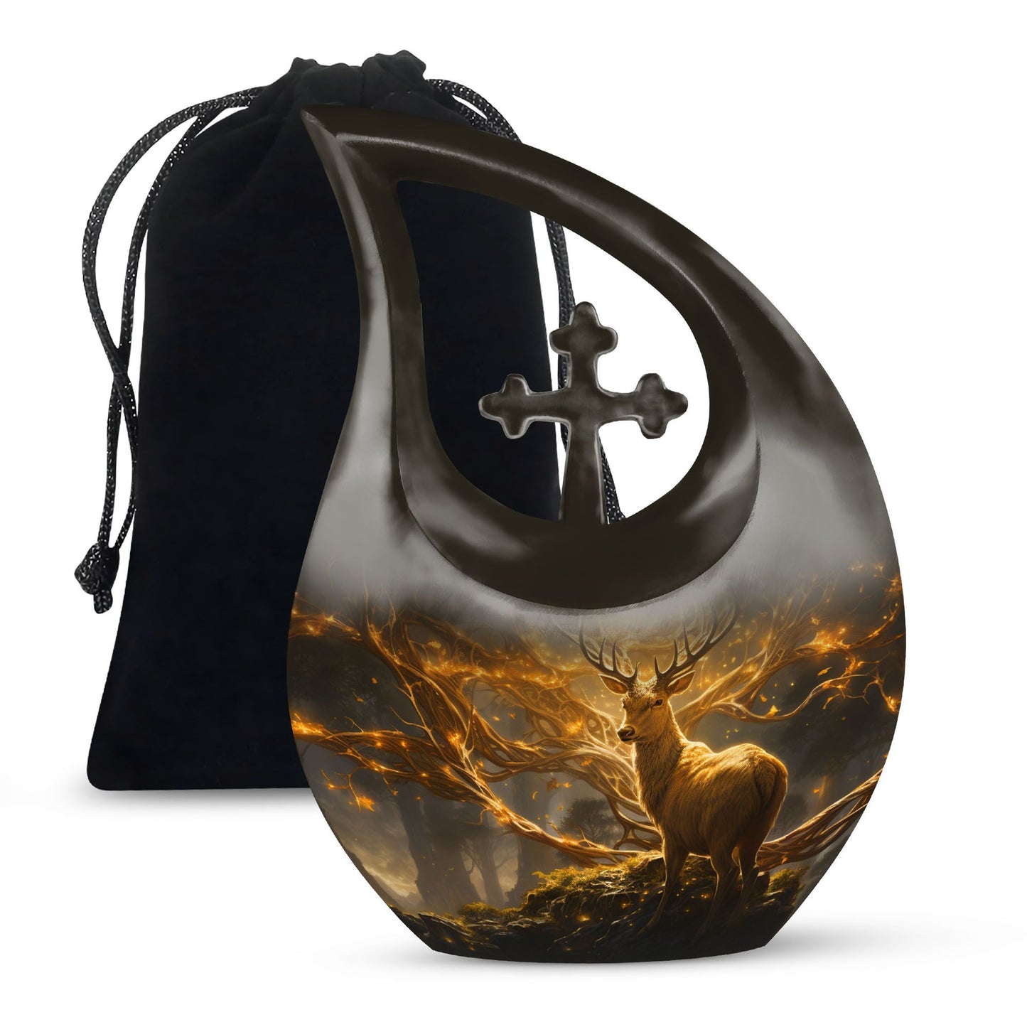 10 Inch Deer themed Aluminium Cross Drop Urn, 